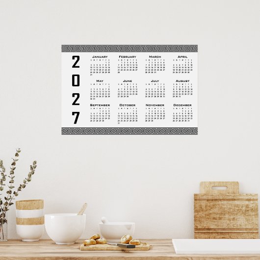 2027 Kalender, Griekse Fret, Zwart op Wit Poster (Keuken)