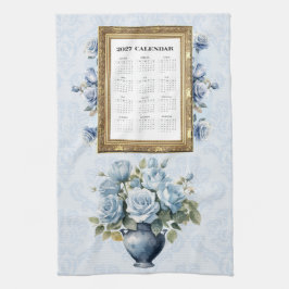 2027 Kalender Handdoek Blauwe Roos Keuken Handdoek