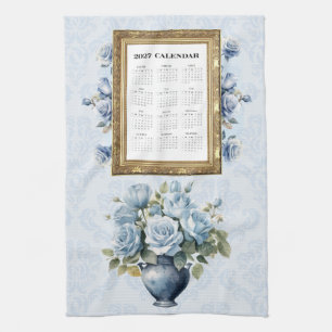 2027 Kalender Handdoek Blauwe Roos Keuken Handdoek