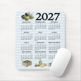 2027 Kalender, Mediterrane Olijven, Blauwe Strepen Muismat