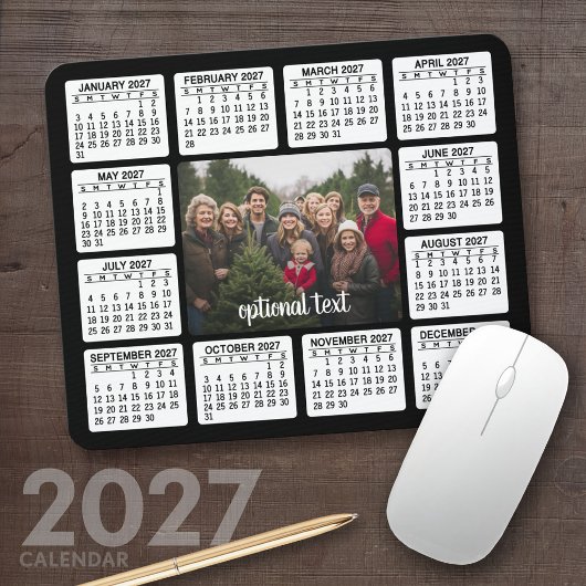2027 Kalender met foto in het midden Zwart Wit Muismat