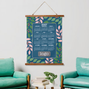 2027 Kalender met Logo - Botanische Blauwe Perzik Hangend Wandkleed