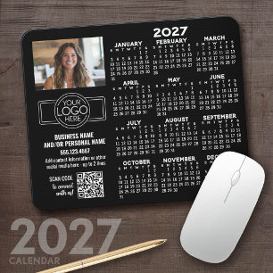 2027 Kalender met logo, QR-code, foto ZWART Muismat