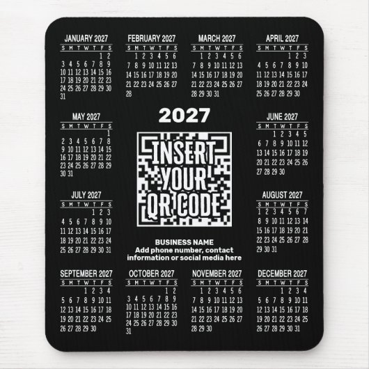 2027 Kalender met QR-code contactinfo Zwart Muismat (Voorkant)
