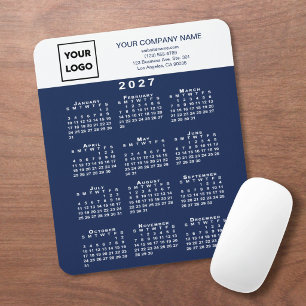 2027 Kalender Zakelijk Logo Tekst Marineblauw Wit Muismat