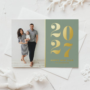 2027 Krachtige Typografie Saliegroen Nieuwjaarsfot Folie Feestdagen Briefkaart