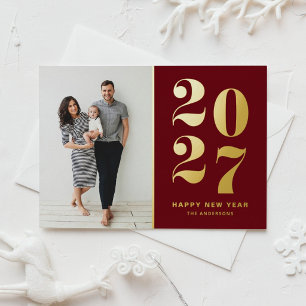 2027 Krachtige Typografie Wijnrood Nieuwjaar Foto Folie Feestdagen Briefkaart