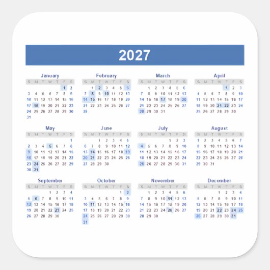 2027 Maandkalender Blauwe Versie Vierkante Sticker (Voorkant)