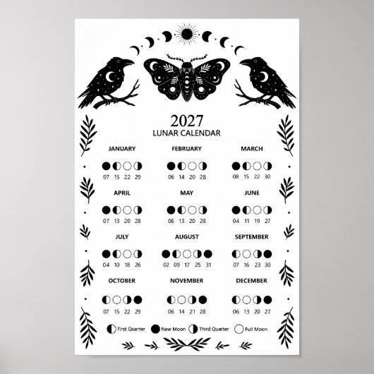2027 Moth Crow Celestial Lunar Moon Calendar Poster (Voorkant)