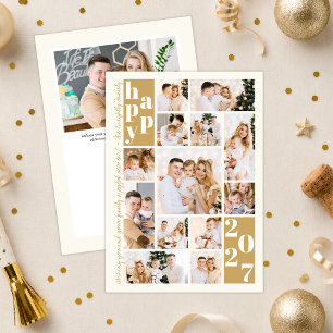 2027 Nieuwjaarsfotocollage Goud Ivoor Feestdagenkaart