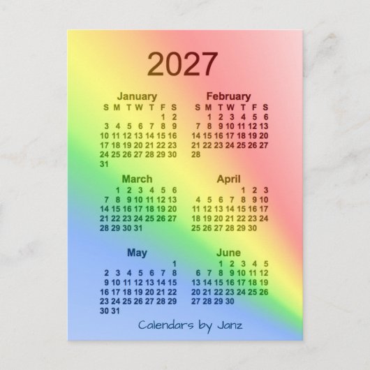 2027 Rainbow 6-minikalender van 6 maanden door Jan Briefkaart (Voorkant)