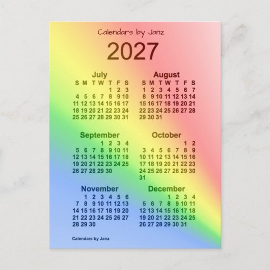 2027 Rainbow 6-minikalender van 6 maanden door Jan Briefkaart (Voorkant)