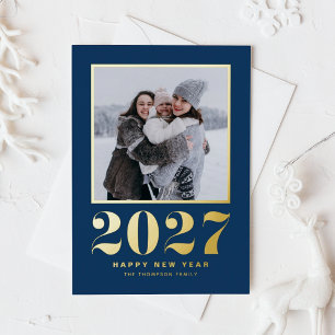 2027 Retro Typografie Navy Blauwe Nieuwjaarsfoto Folie Feestdagen Briefkaart