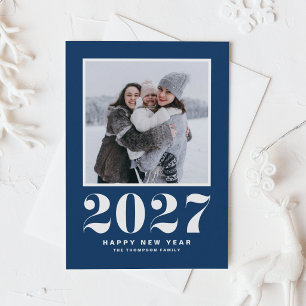 2027 Retro Typografie Navyblauw Nieuwjaarsfoto Feestdagenkaart