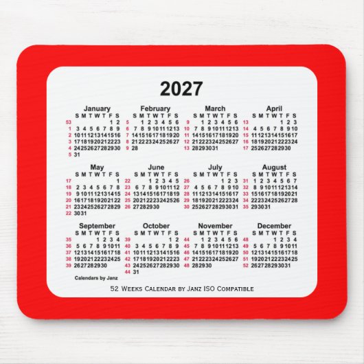 2027 Rood 52 weken ISO Agenda van Janz Two Tone Muismat (Voorkant)
