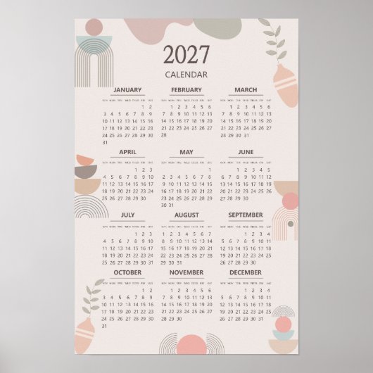 2027 Scandinavische kalender Boho esthetiek Beige Poster (Voorkant)