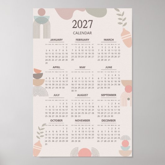 2027 Scandinavische kalender Boho esthetiek Beige Poster (Voorkant)