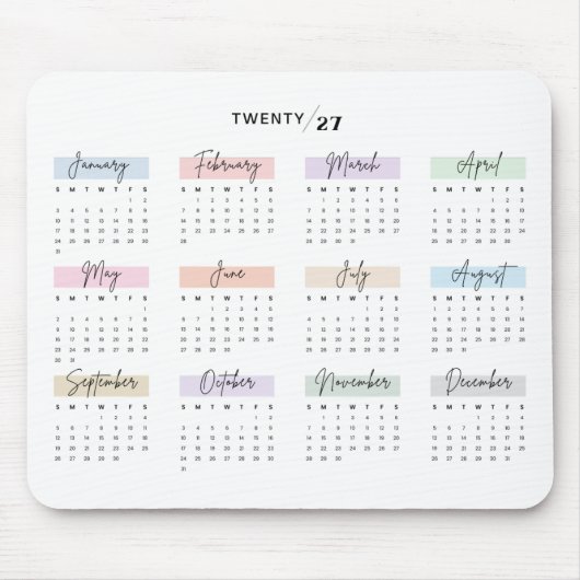 2027 VOLLEDIGE JAAR KALENDER PASTEL HANDGESCHREVEN MUISMAT (Voorkant)