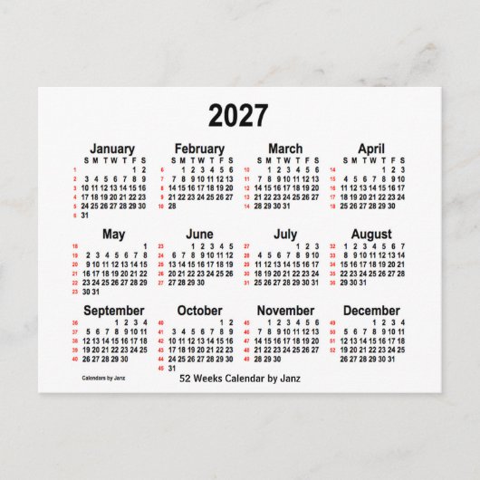 2027 White 52 Weeks Agenda van Janz Briefkaart (Voorkant)