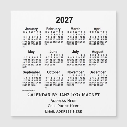 2027 White Business Calendar van Janz 5x5 Magnet (Voorkant)