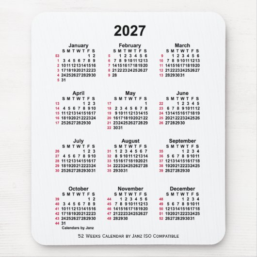 2027 Witte 52 weken ISO-kalender door Janz Muismat (Voorkant)