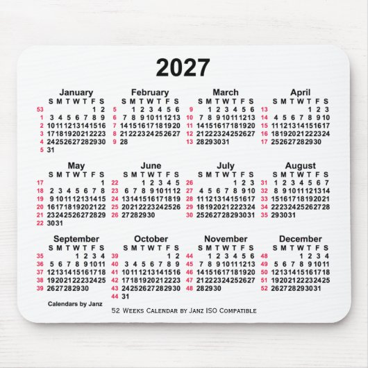 2027 Witte 52 weken ISO-kalender door Janz Muismat (Voorkant)