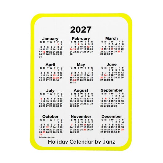 2027 Yellow Holiday Calendar door Janz Magnet Magneet (Verticaal)