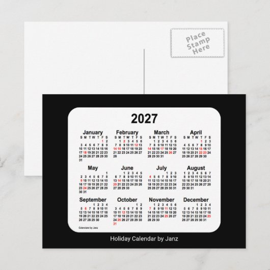 2027 Zwarte Vakantie Mini Kalender van Janz Feestdagenkaart (Voorkant / Achterkant)