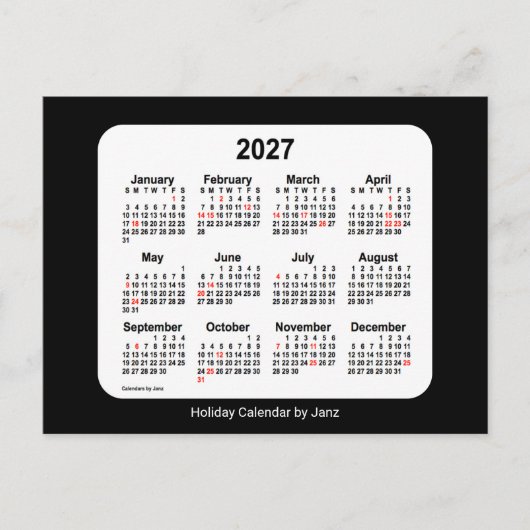 2027 Zwarte Vakantie Mini Kalender van Janz Feestdagenkaart (Voorkant)