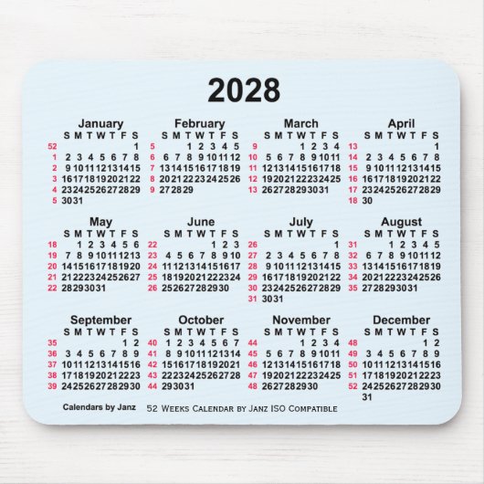 2028 Alice Blue 52 weken ISO-kalender van Janz Muismat (Voorkant)