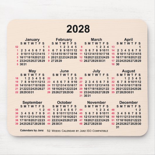 2028 Antiek wit 52 weken ISO-kalender door Janz Muismat (Voorkant)