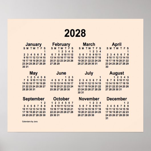 2028 Antieke witte kalender van Janz Print (Voorkant)
