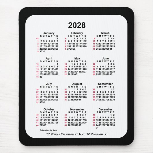 2028 Black 52 weken ISO-kalender van Janz Two Tone Muismat (Voorkant)