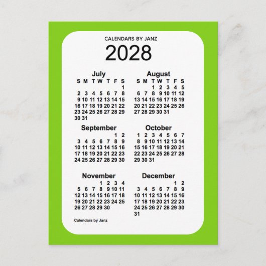 2028 Geel Groen 6-maandelijkse Mini Agenda van Jan Briefkaart (Voorkant)