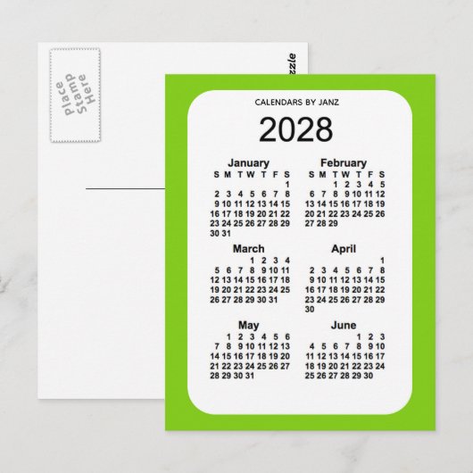 2028 Geel Groen 6-maandelijkse Mini Agenda van Jan Briefkaart (Voorkant / Achterkant)