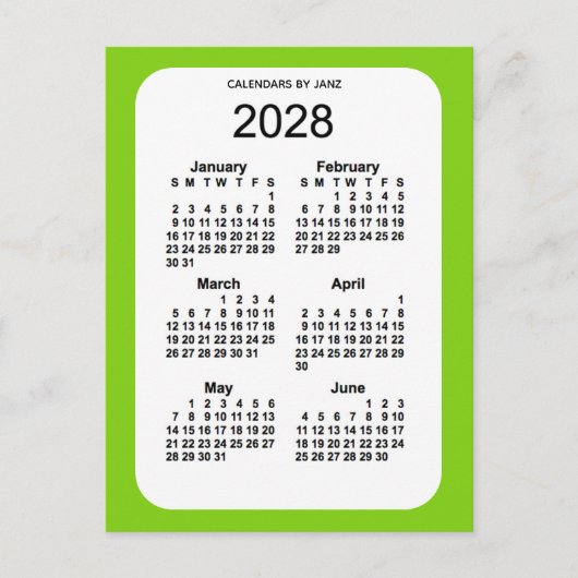 2028 Geel Groen 6-maandelijkse Mini Agenda van Jan Briefkaart (Voorkant)