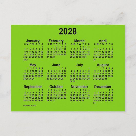 2028 Gele Groene Mini Kalender van Janz Briefkaart (Voorkant)
