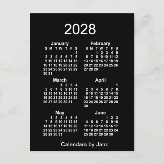 2028 Neon White 6 maanden Mini Calendar van Janz Briefkaart (Voorkant)