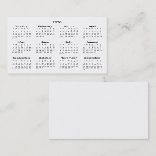 2028 Portefeuillegrootte Kalender Visitekaartje (Voorkant / Achterkant)