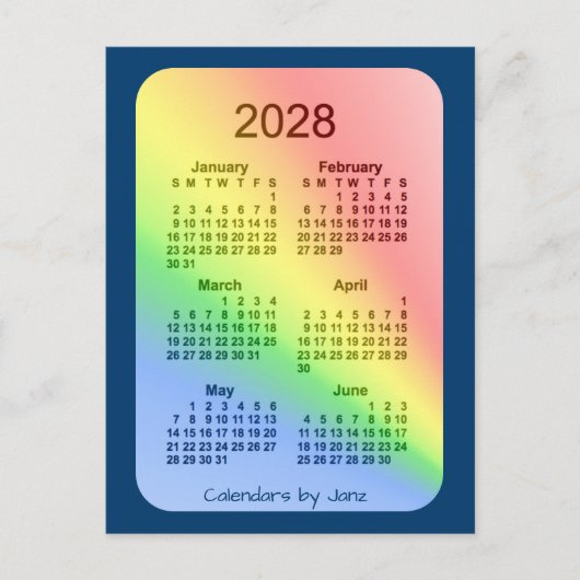 2028 Rainbow Blue 6 Maand Mini Kalender van Janz Briefkaart (Voorkant)