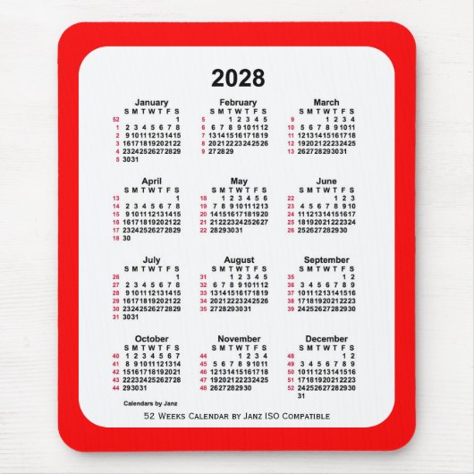 2028 Rood 52 weken ISO Agenda van Janz Two Tone Muismat (Voorkant)