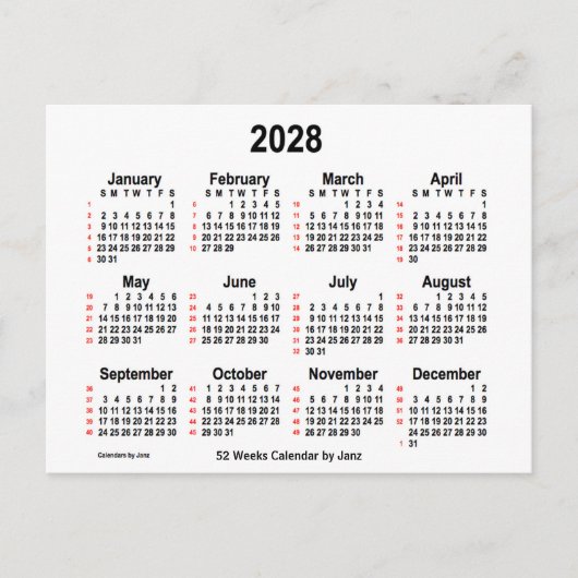 2028 White 52 Weeks Agenda van Janz Briefkaart (Voorkant)