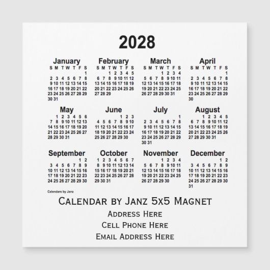 2028 White Business Calendar van Janz 5x5 Magnet (Voorkant)