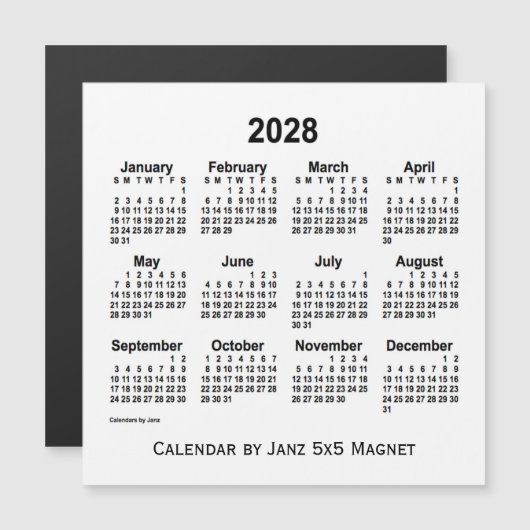 2028 White Calendar van Janz 5x5 Magnet (Voorkant / Achterkant)