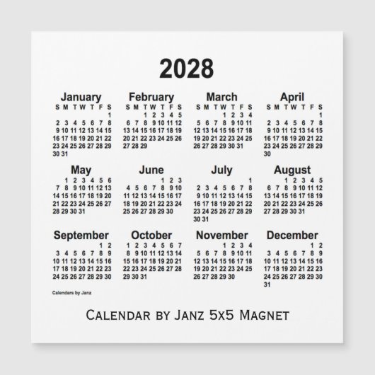 2028 White Calendar van Janz 5x5 Magnet (Voorkant)
