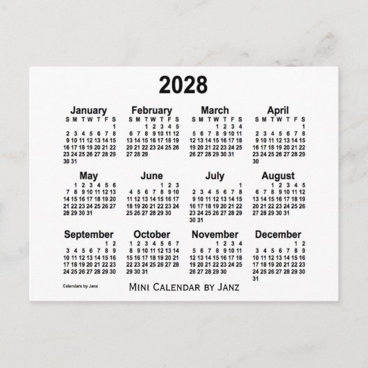 2028 White Mini Calendar van Janz Briefkaart (Voorkant)