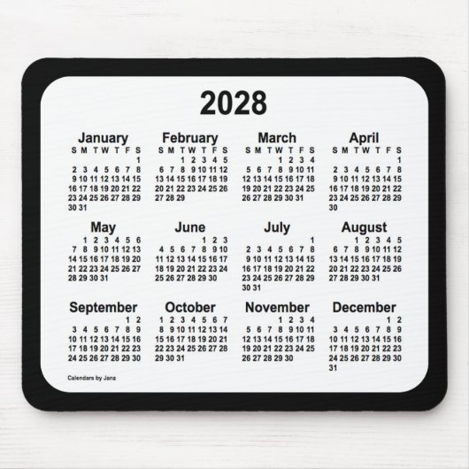 2028 White on Black Calendar van Janz Two Tone Muismat (Voorkant)