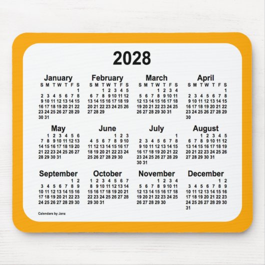 2028 White on Oranje Calendar by Janz Two Tone Muismat (Voorkant)