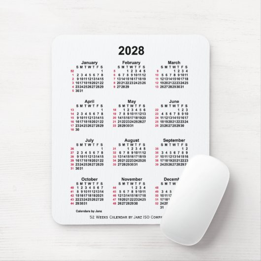 2028 Witte 52 weken ISO-kalender door Janz Muismat (Met muis)