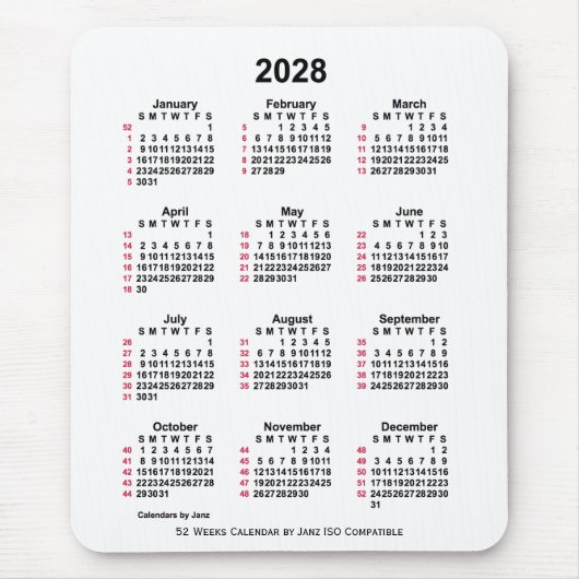 2028 Witte 52 weken ISO-kalender door Janz Muismat (Voorkant)